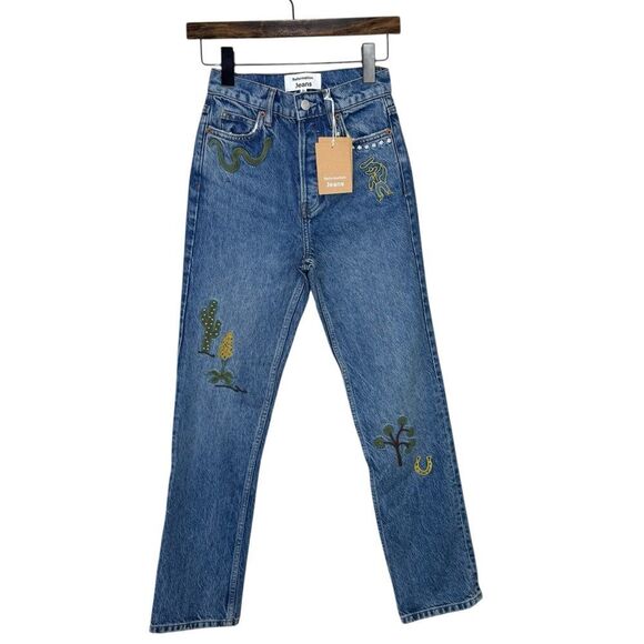 NEW Reformation Handicraft Embroidered High Rise Straight Jeans Juno Size 23 - Picture 6 of 14